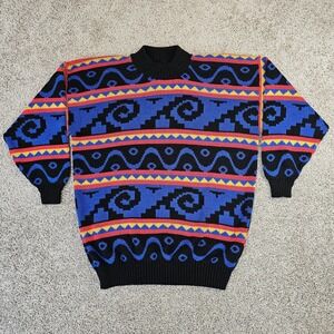 Vtg Jonathan Cass Sweater Womens Large Blue Black Red Abstract Knit 80s Acrylic